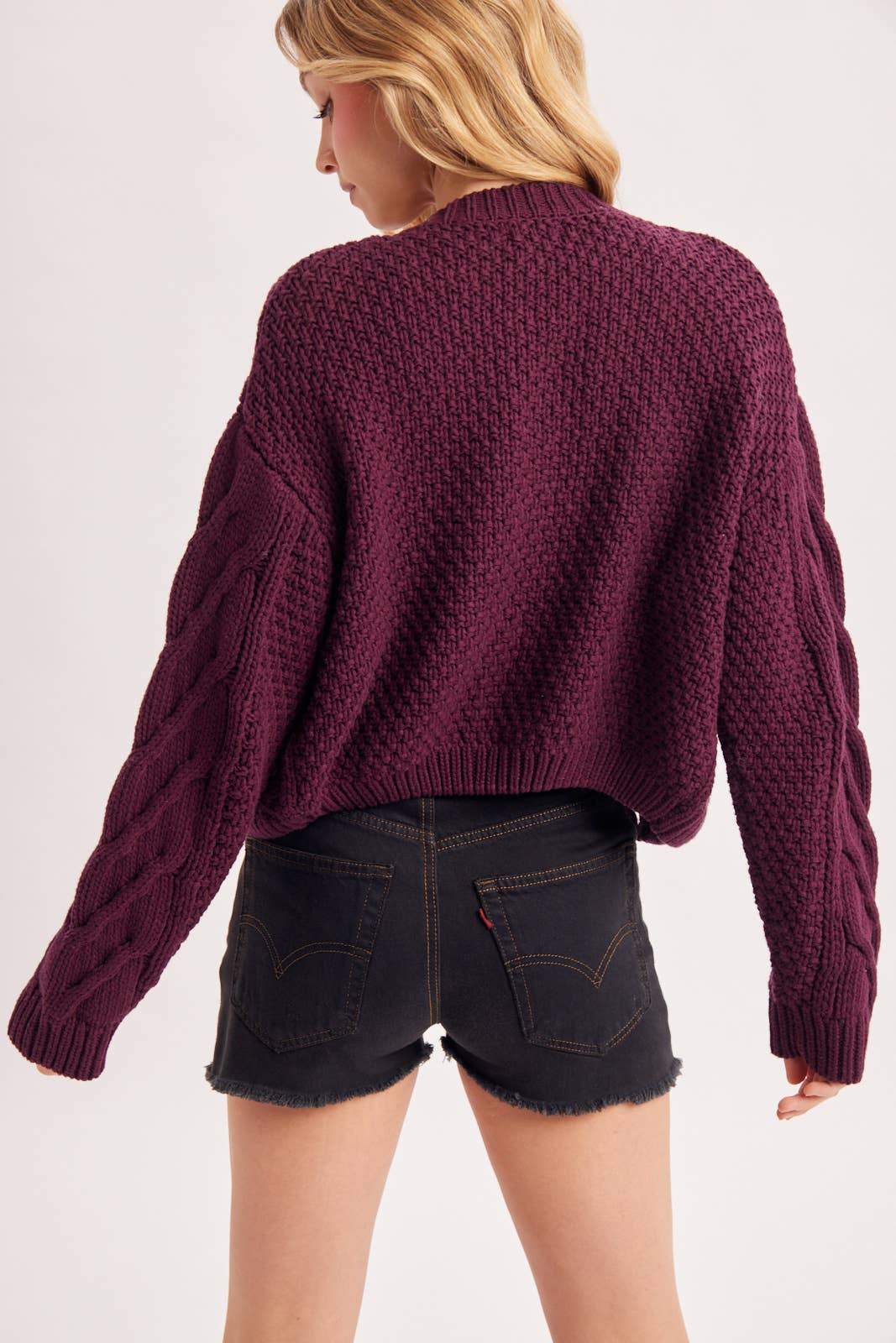 Cropped Button Front Cable Knit Cardigan