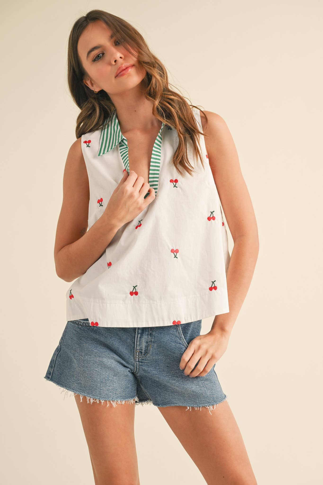 Cherry Embroidery Collared Tank