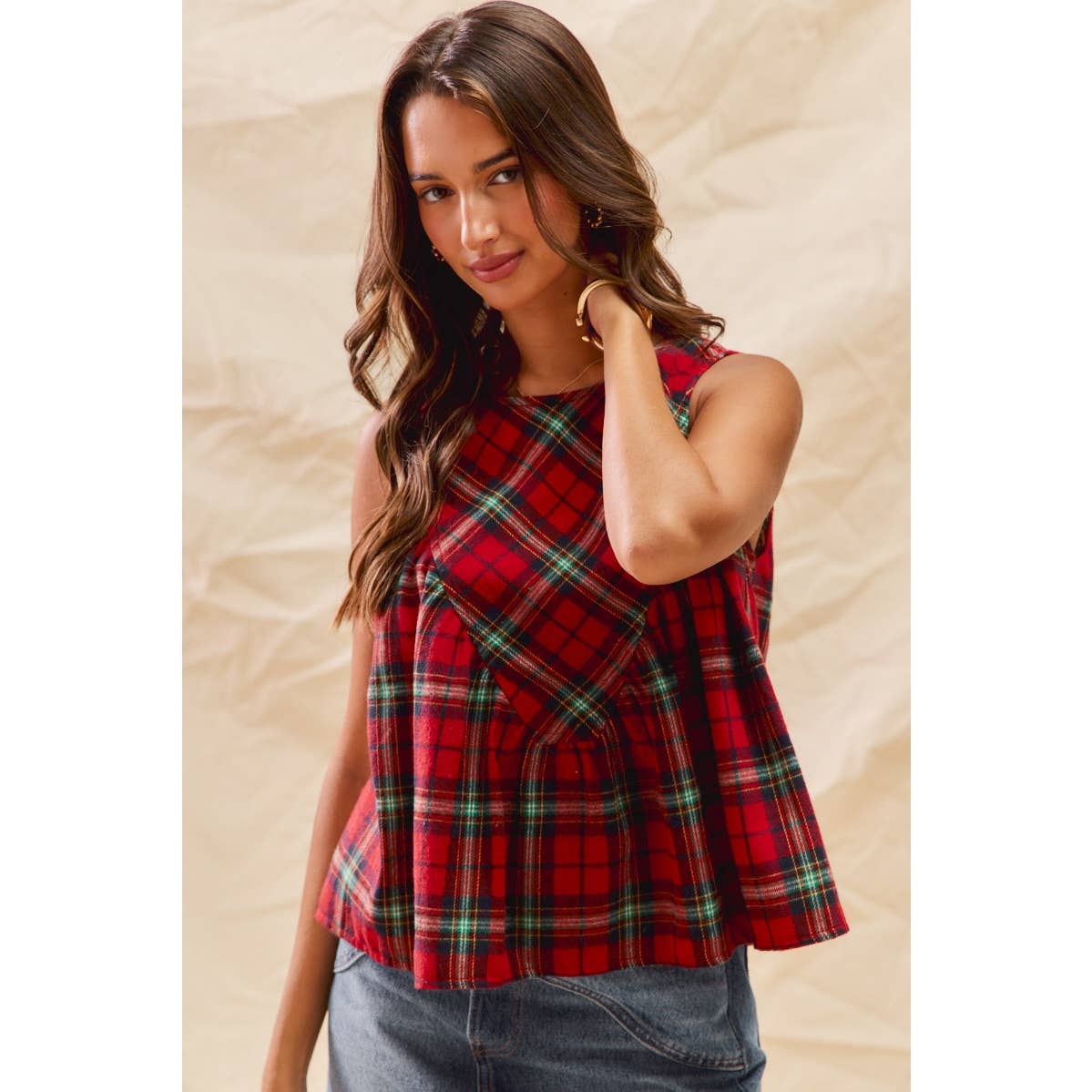 Christmas Checkered Plaid Sleeveless Holiday Top