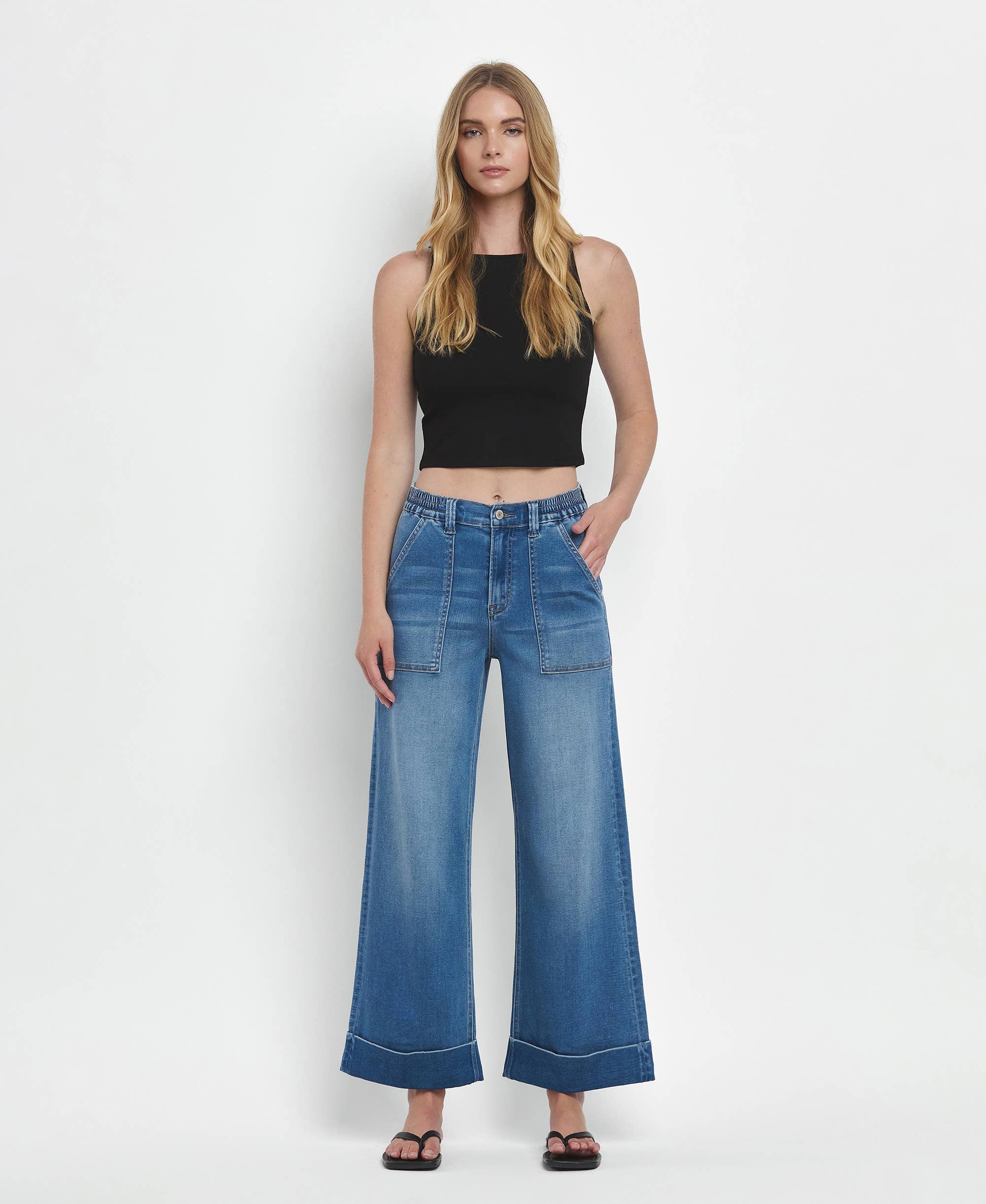 VERVET High Rise Double Cuffed Baggy Wide Cropped Jeans