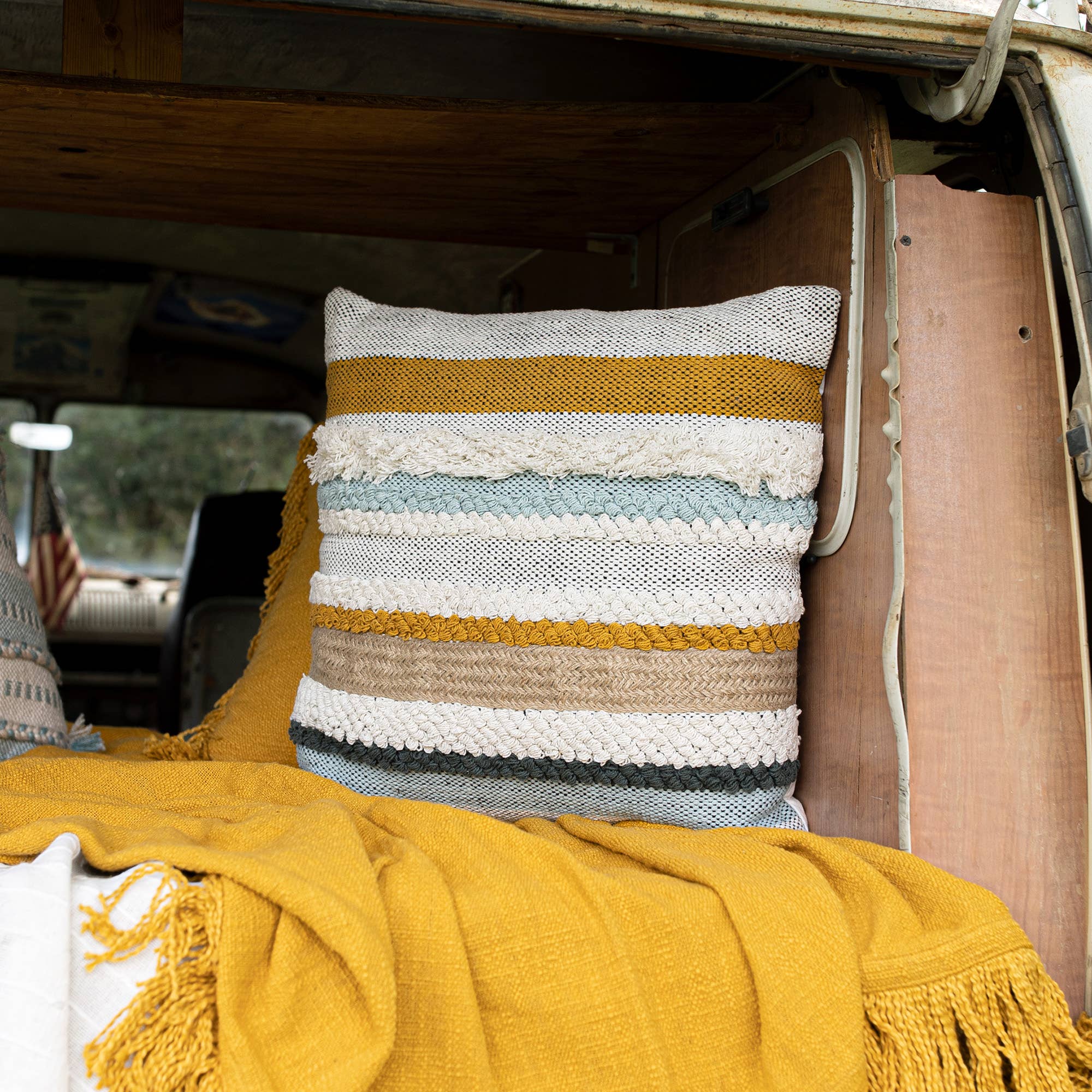 Aba 20x20 Striped Fringed Filled Throw Pillow Mustard Cotton