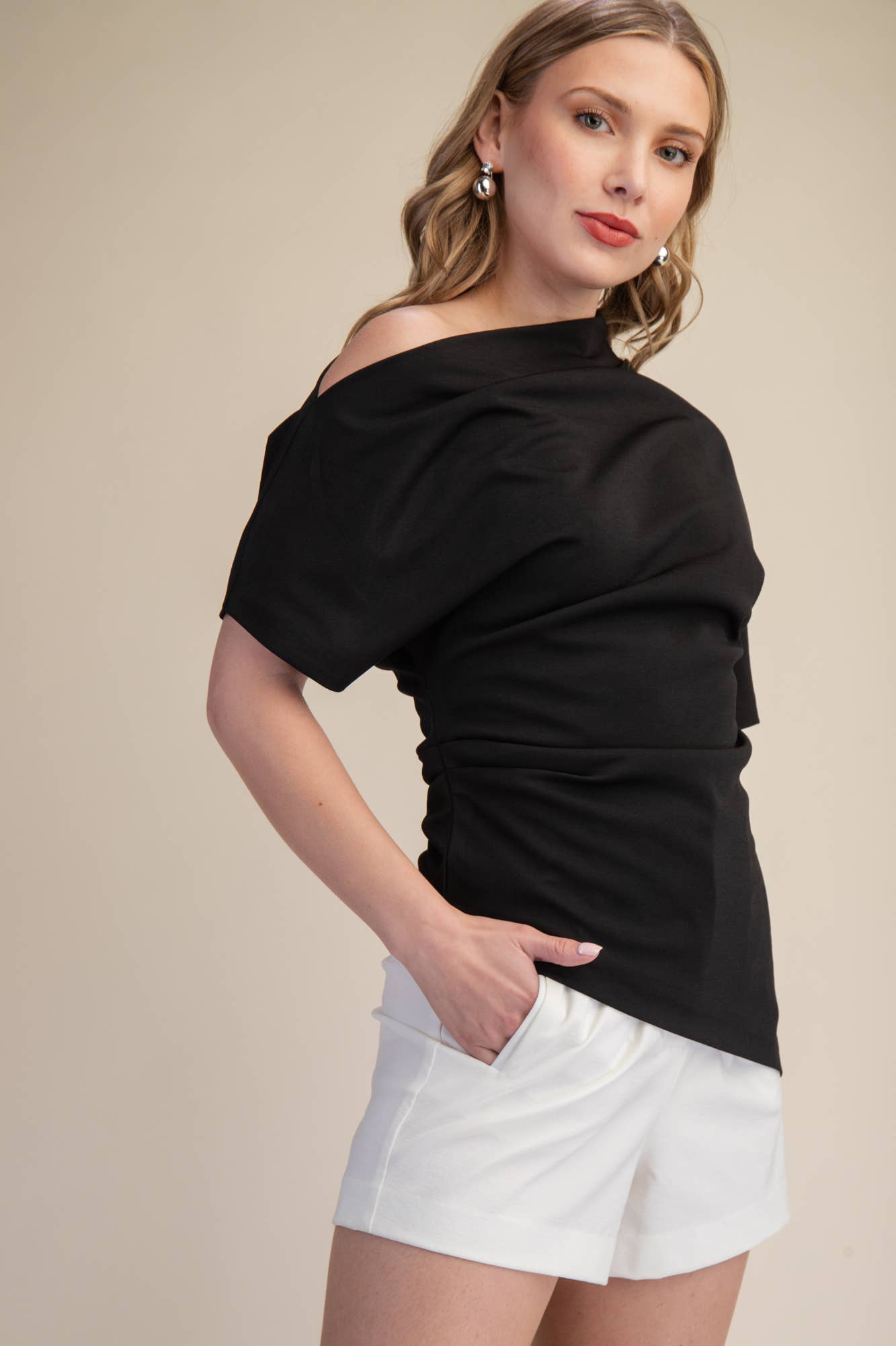Asymmetric Draped Neck Gathered Blouse - Black or Taupe