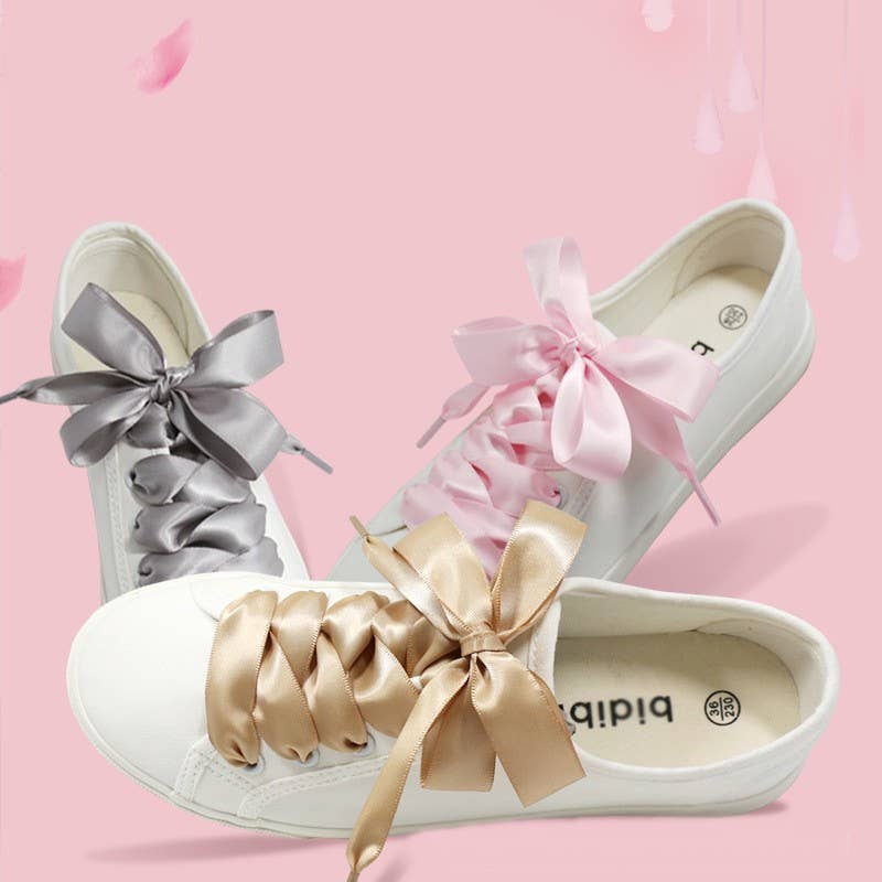 Silk Satin Ribbon Bow Shoe Laces - Pink, Gold, or White