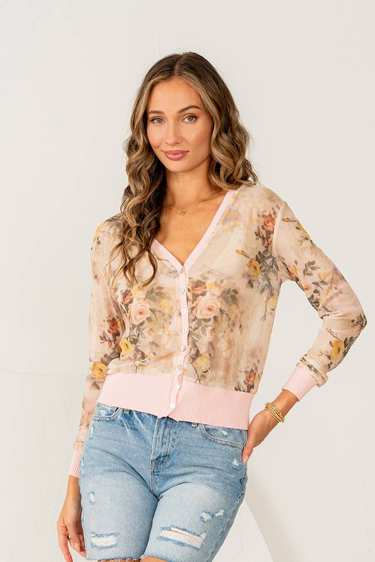 Relaxed Fit Floral Sheer Button Down Cardigan