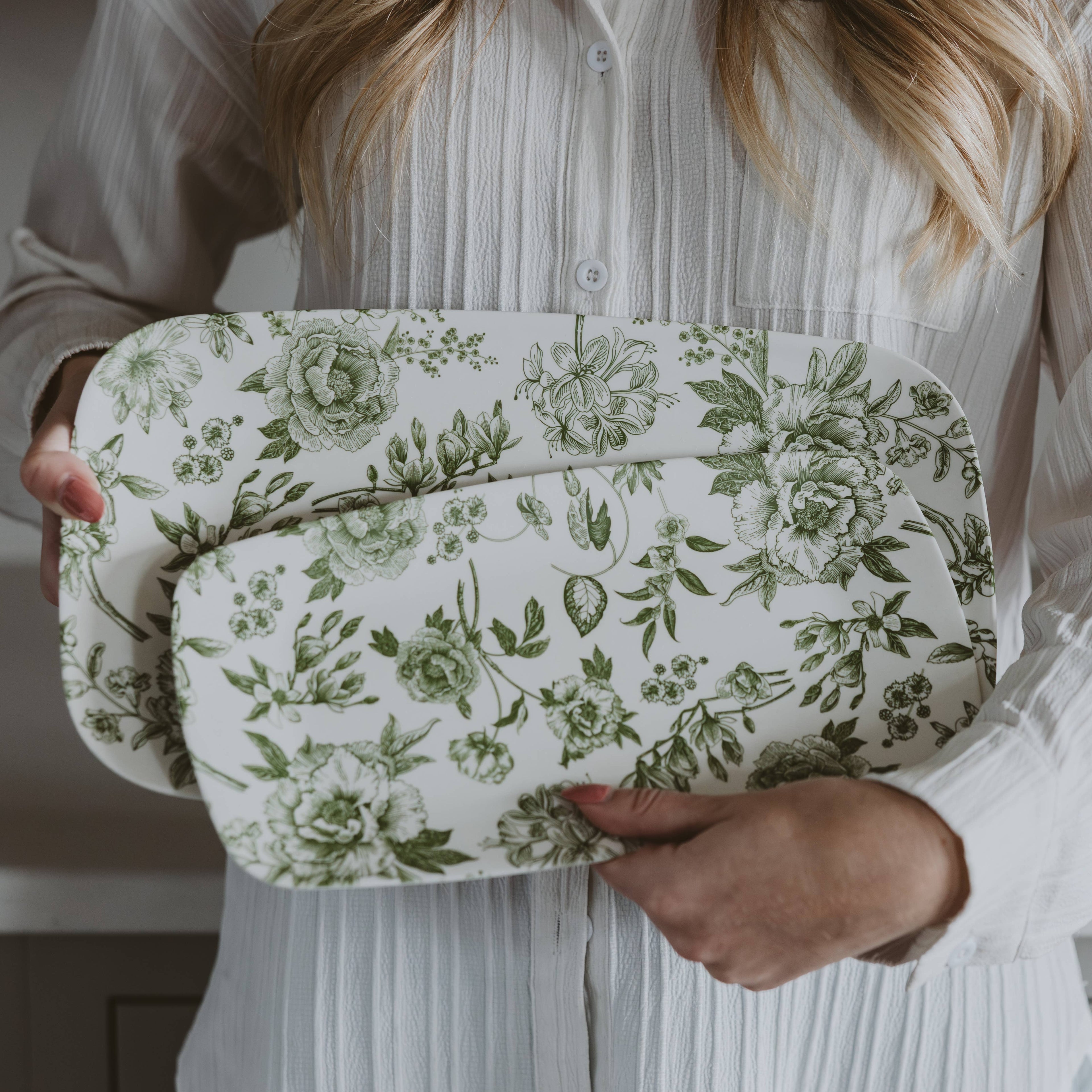 Green Delft Floral Stacking Melamine Tray - Set of 2