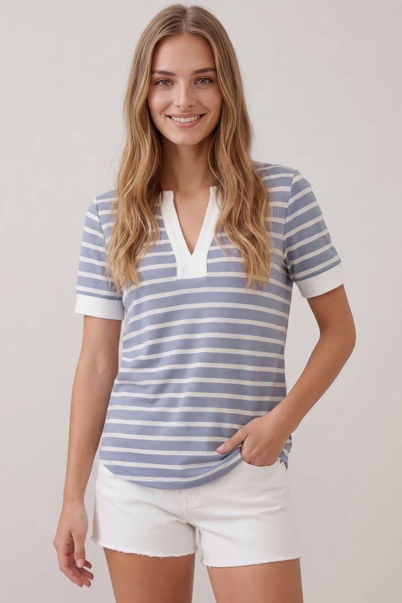 Split V-Neck Striped Short Sleeve Top