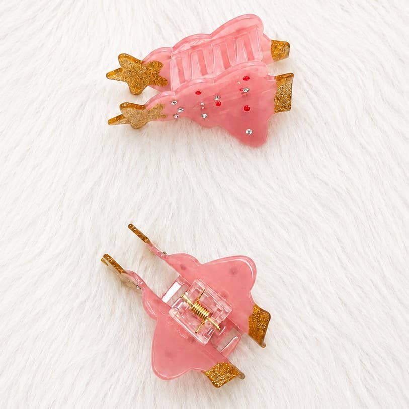 Pastel Pink Gemstone Christmas Tree Claw Clip