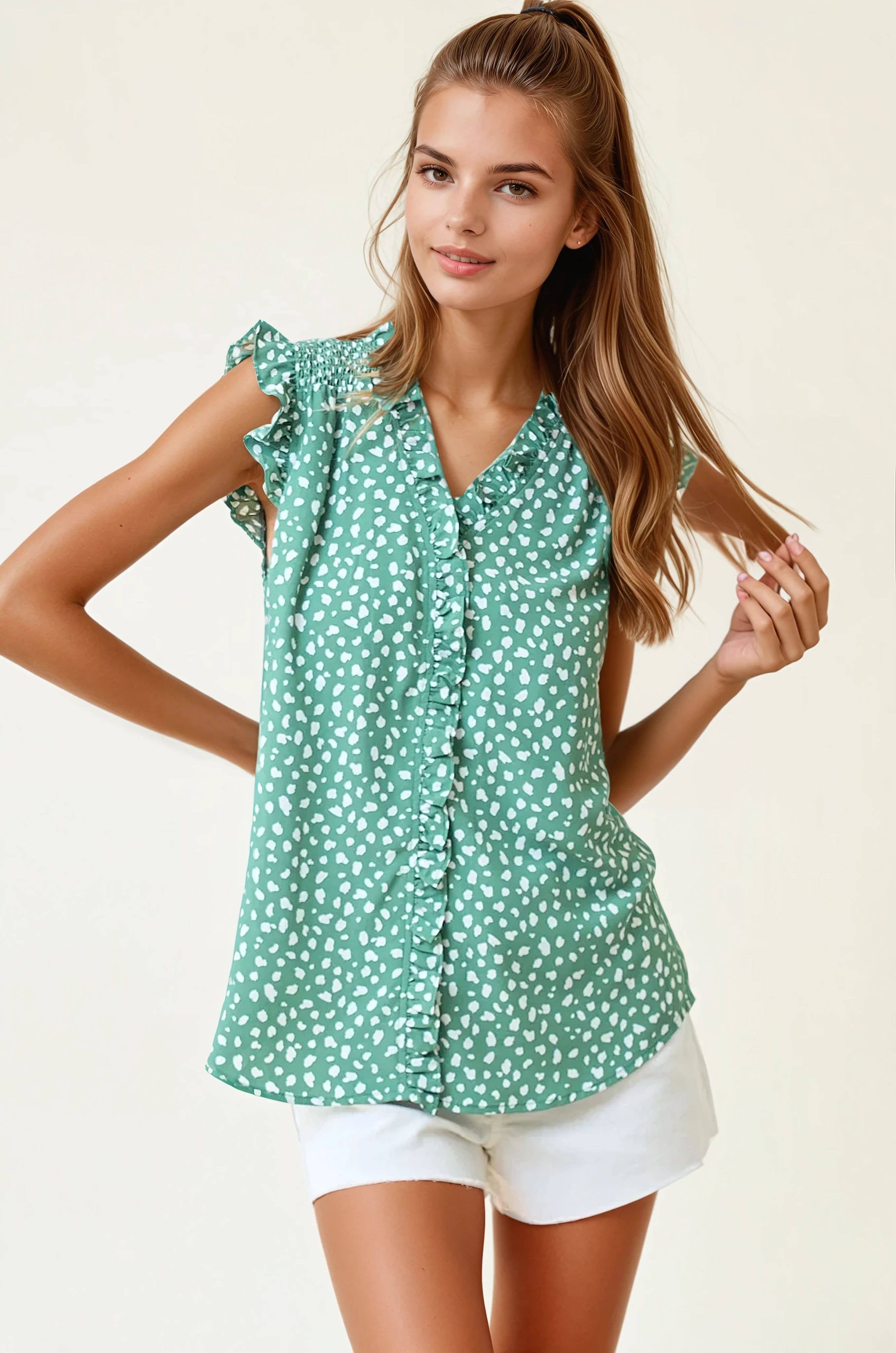 Green Smocked Print Frilled Top