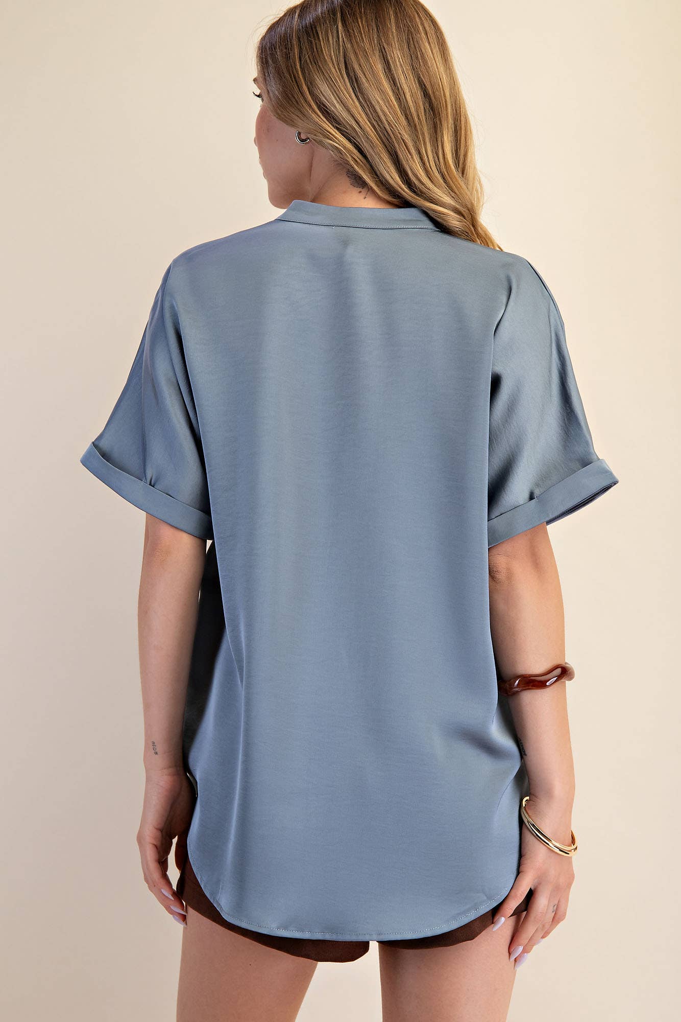 Slate V-Neck Placket Cuffs Sleeve Top