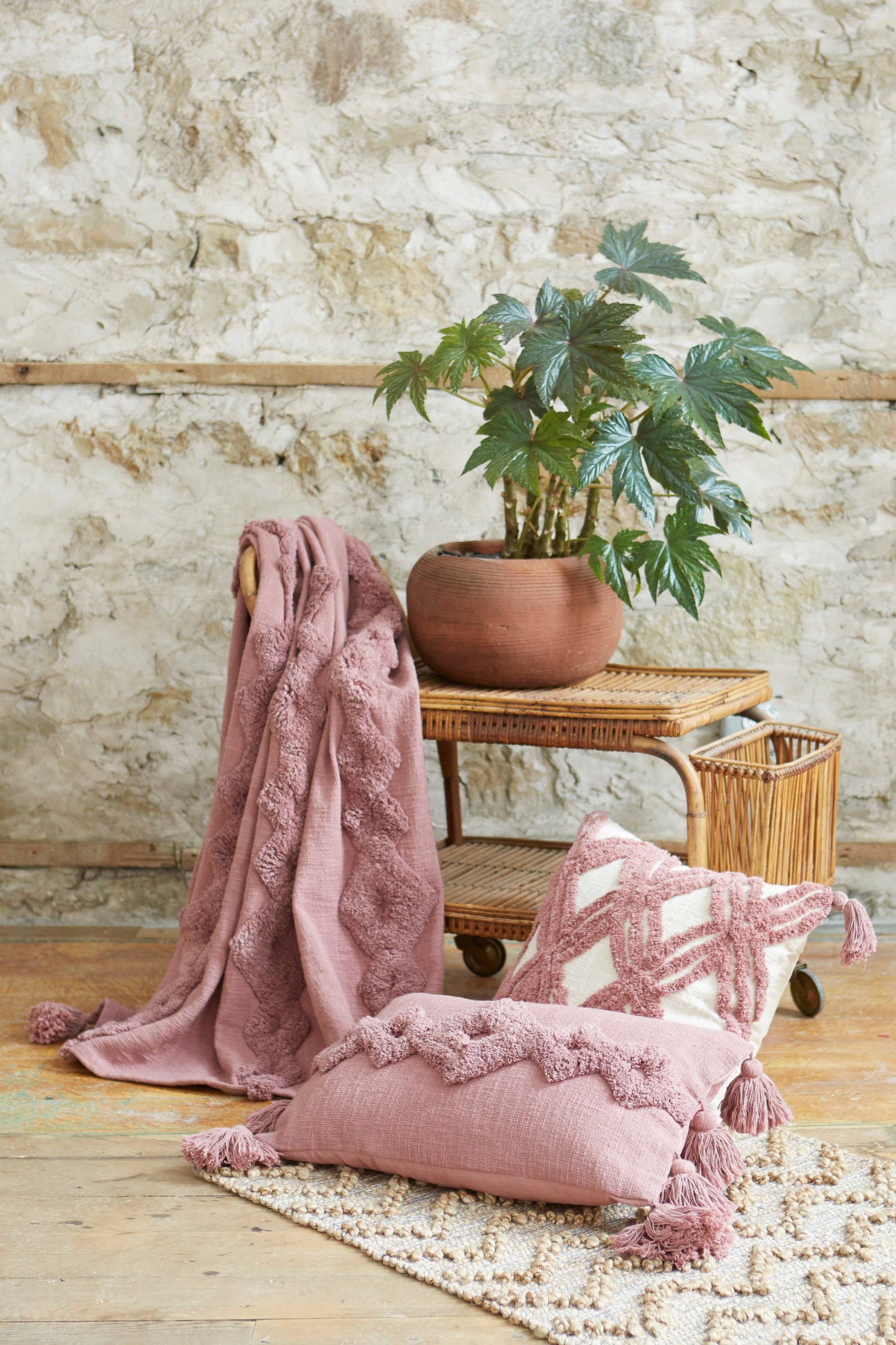 Faded Mauve - Diamond Stripe Tufted Cotton Slub Throw/Blanket