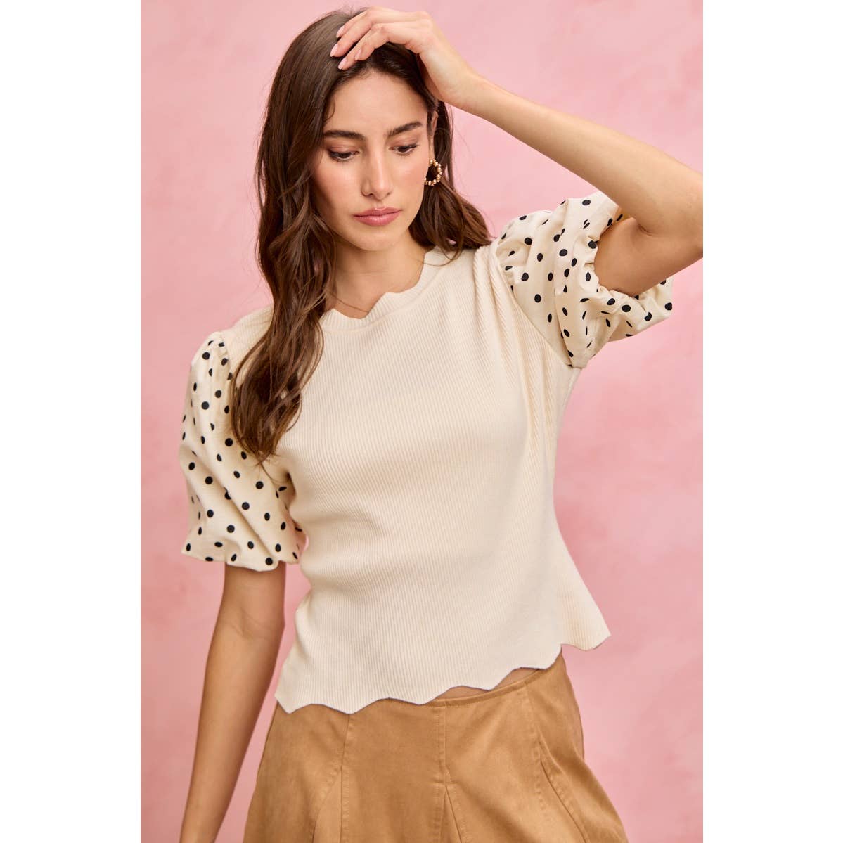 Polka Dot Contrast Woven Balloon Sleeve Top