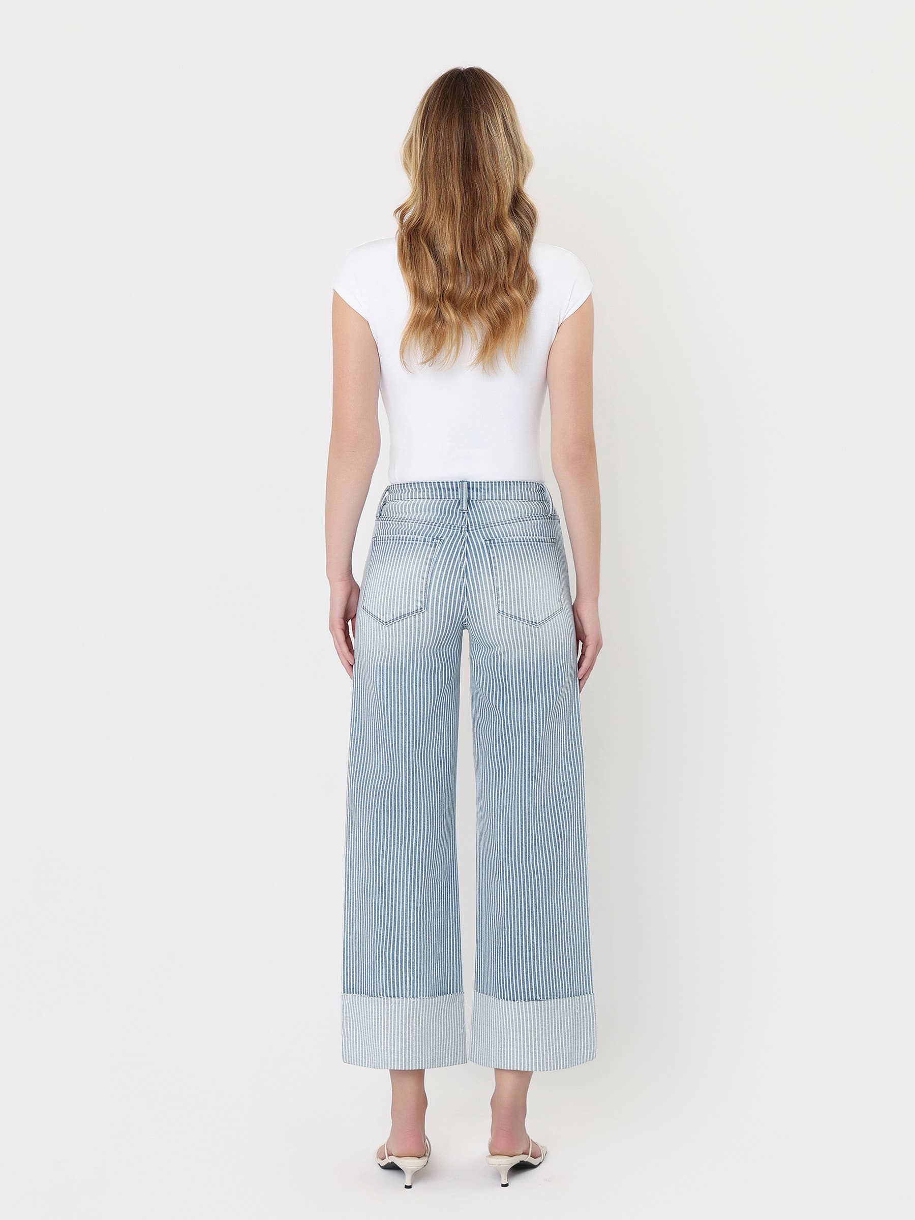 High Rise Cuffed Striped Crop Wide Jeans