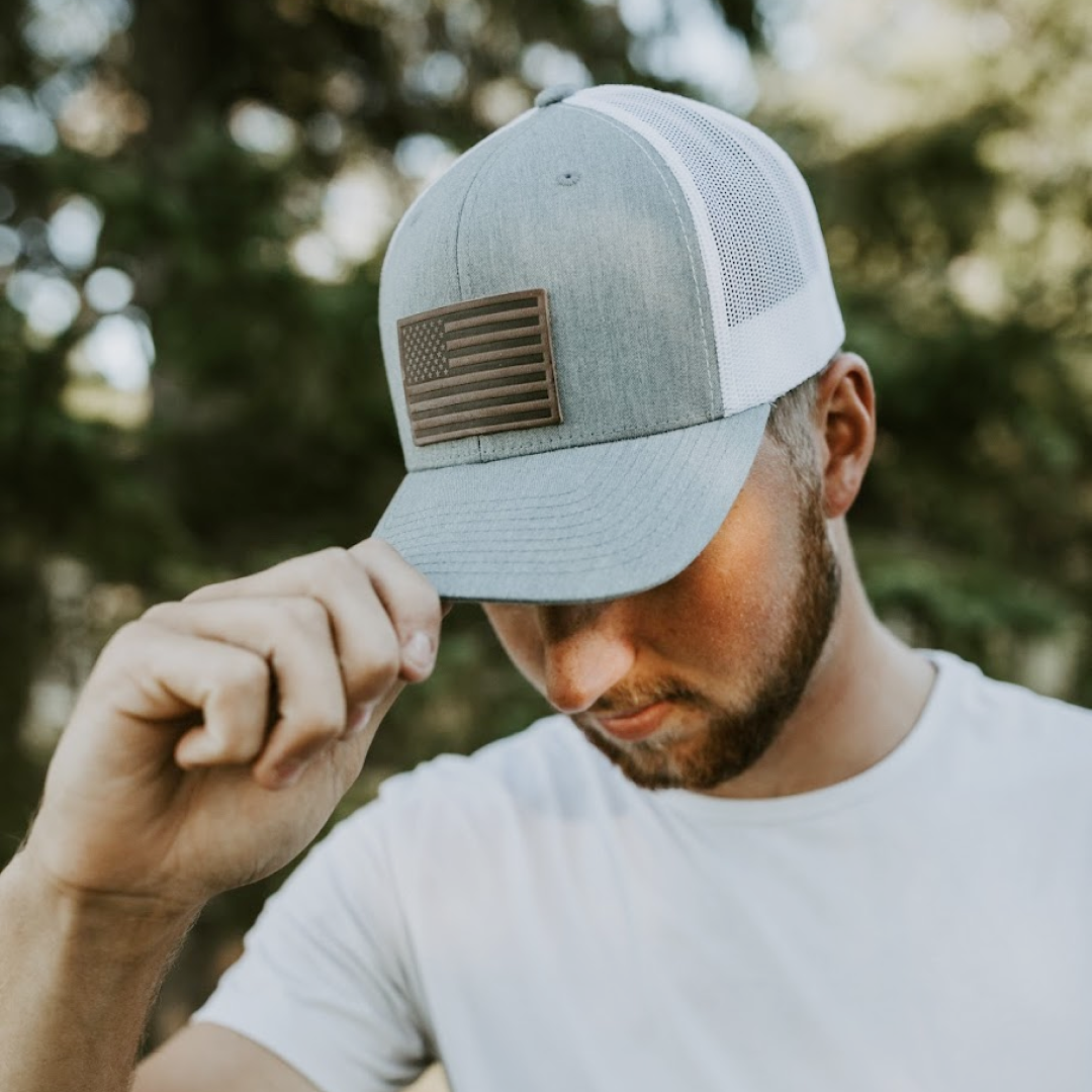 American Flag Hat - Leather Patch Trucker Snapback