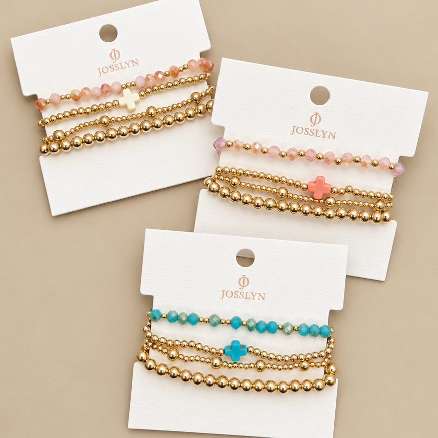 BOHO Cross Multi Color Beaded Stretch Bracelet Set