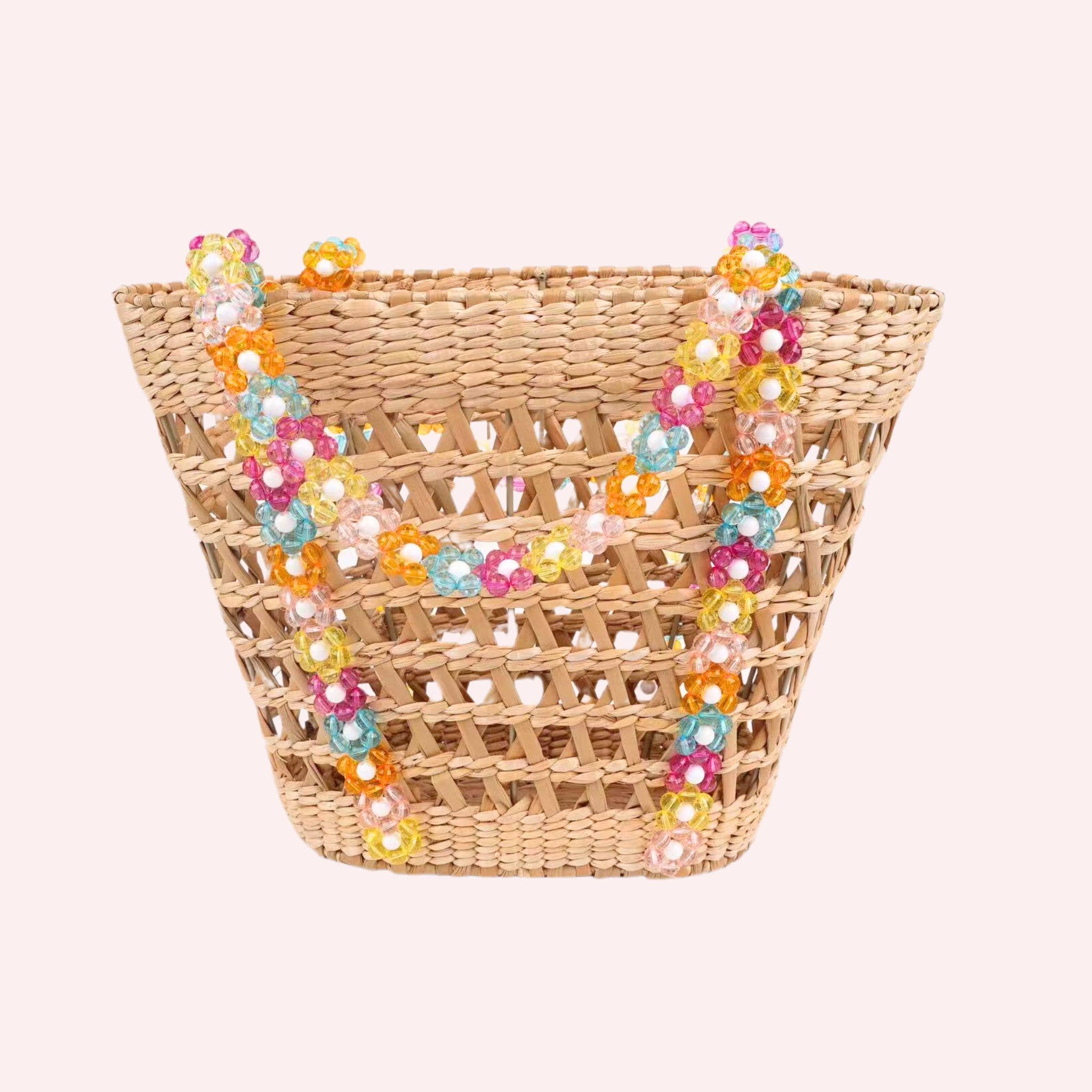Colorful Beaded Straw Beach Basket Tote