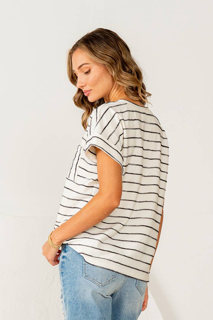 Cuff Sleeves Striped Top with Chest Pocket