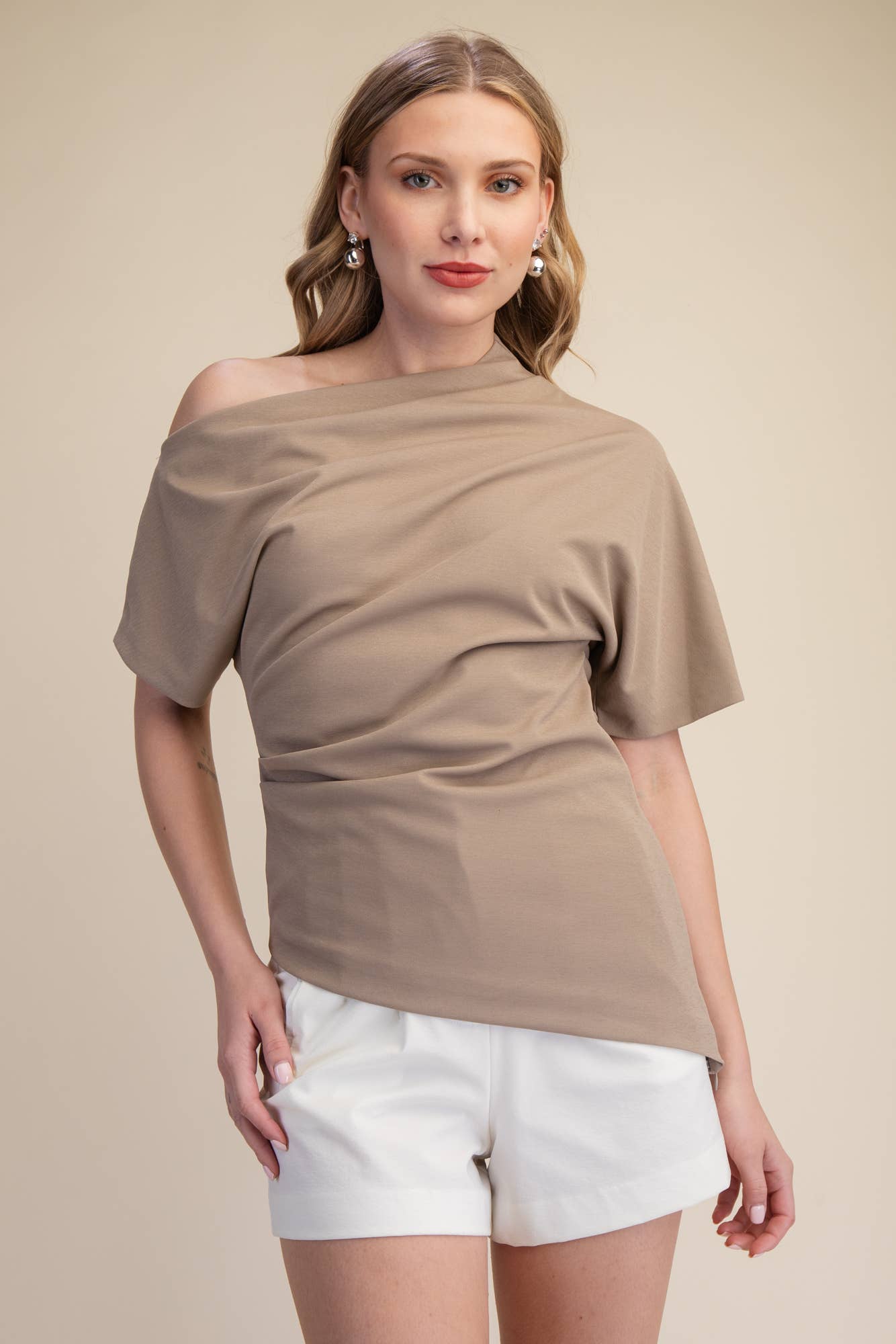 Asymmetric Draped Neck Gathered Blouse - Black or Taupe