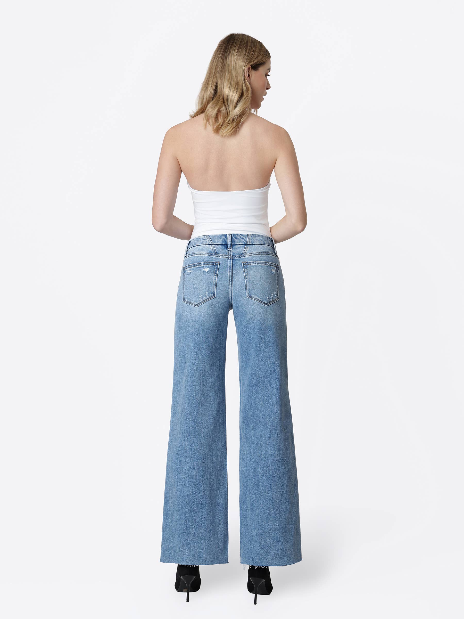 Mid Rise Clean Cut Raw Hem Wide Jeans