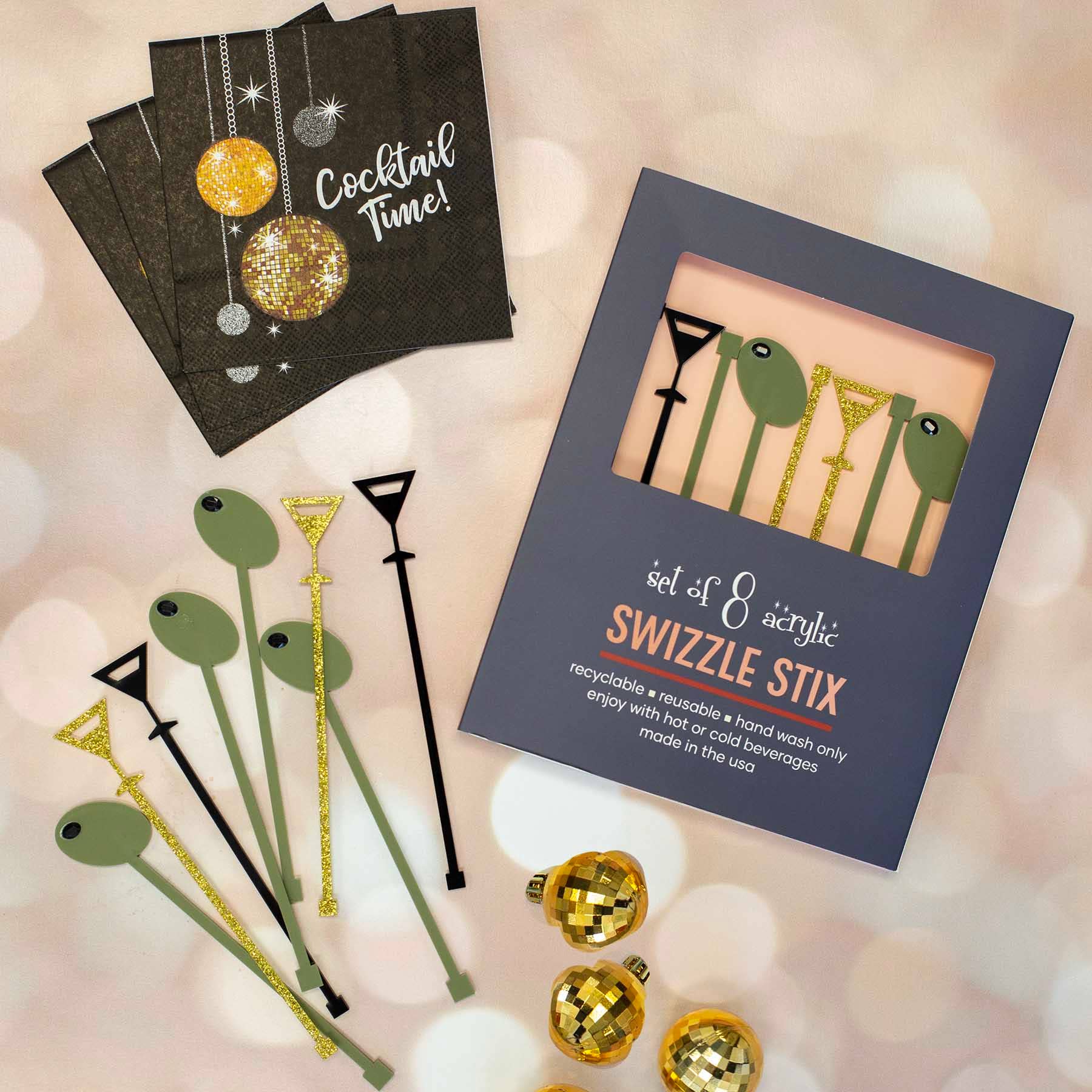 Martini and Olive Gold Acrylic Beverage Mixing Swizzle Stix