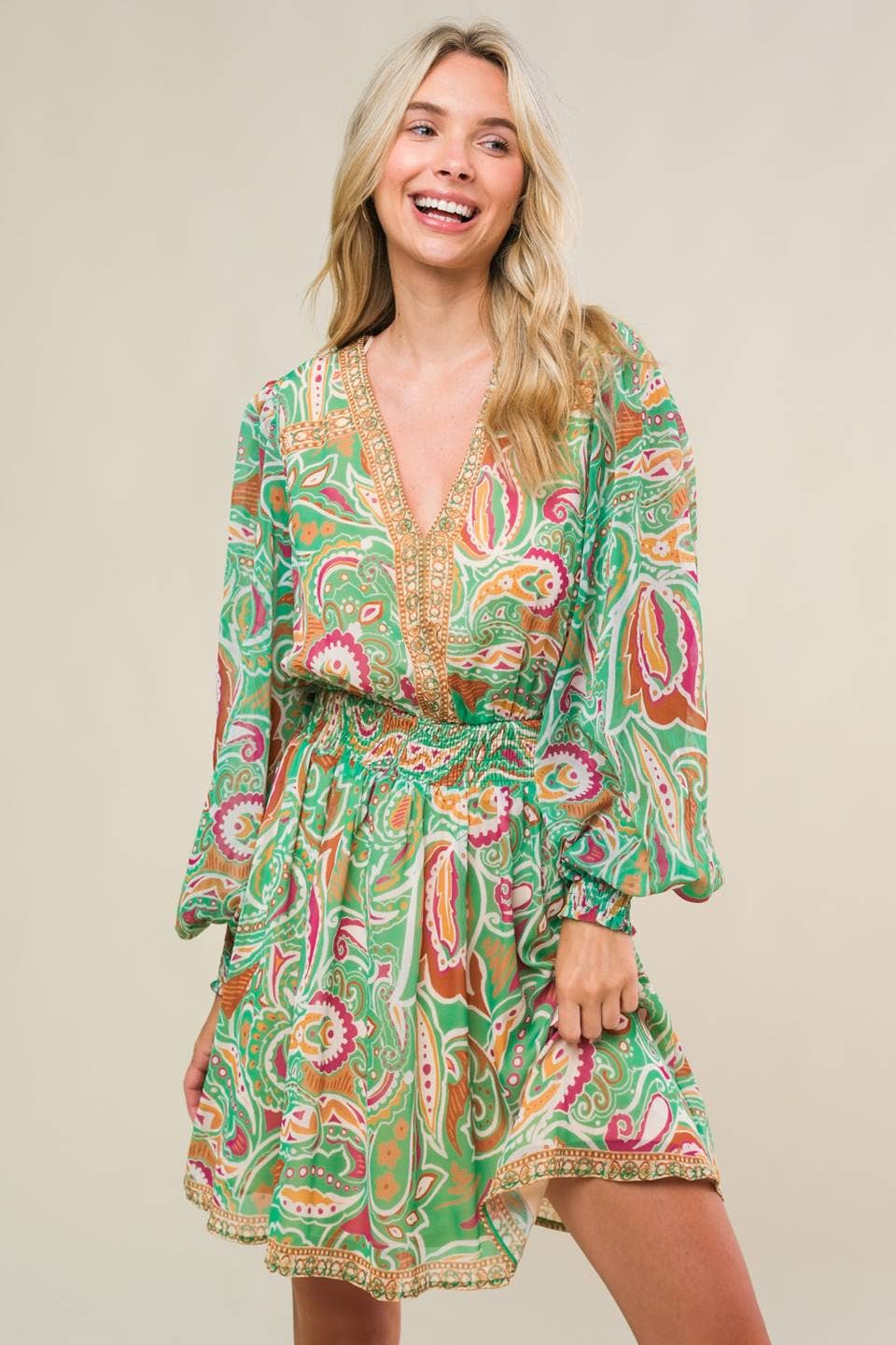 Long Sleeve Paisley Green Mini Dress
