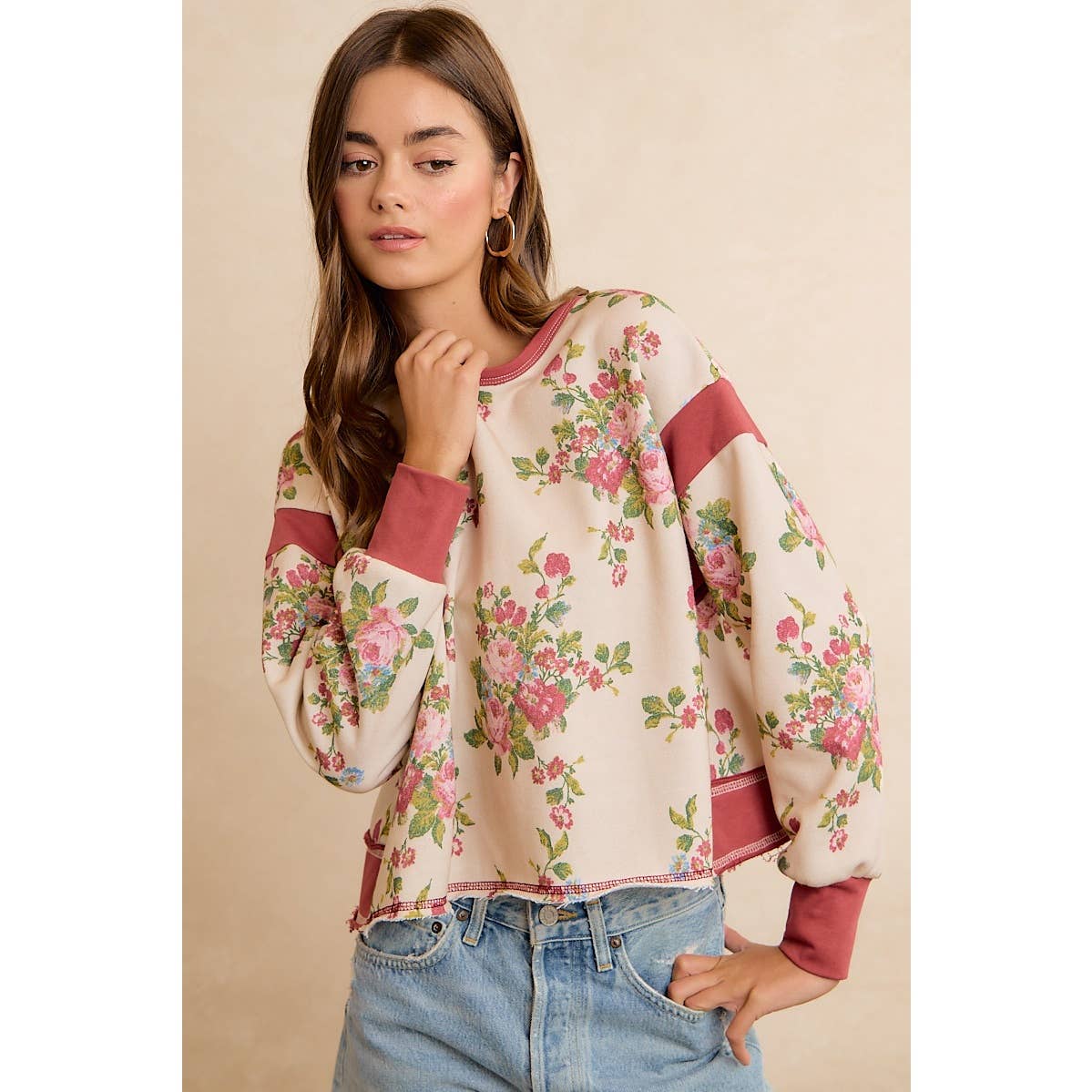 Floral Brushed Terry Open Back Long Sleeve Top