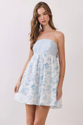 Toile Print Strapless Bow Back Mini Dress