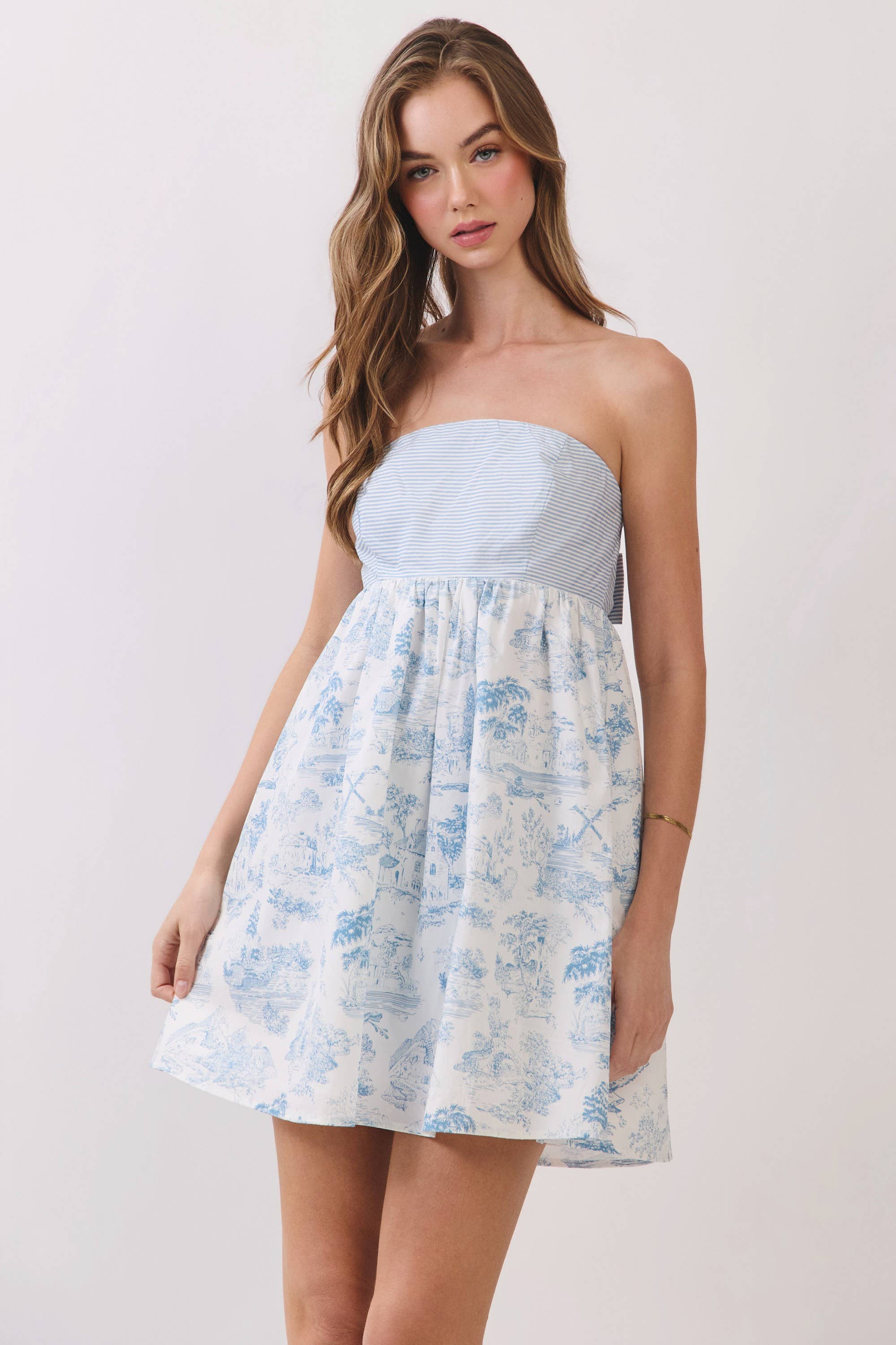 Toile Print Strapless Bow Back Mini Dress