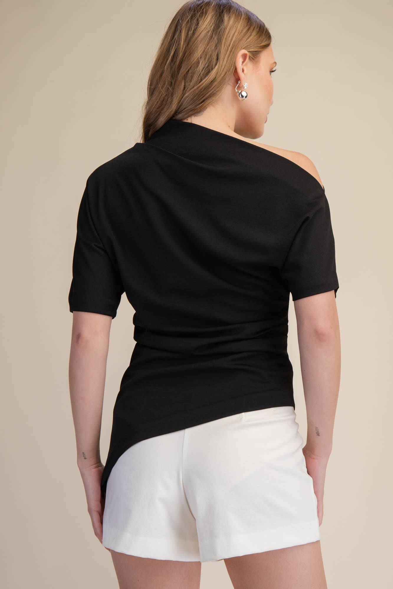 Asymmetric Draped Neck Gathered Blouse - Black or Taupe
