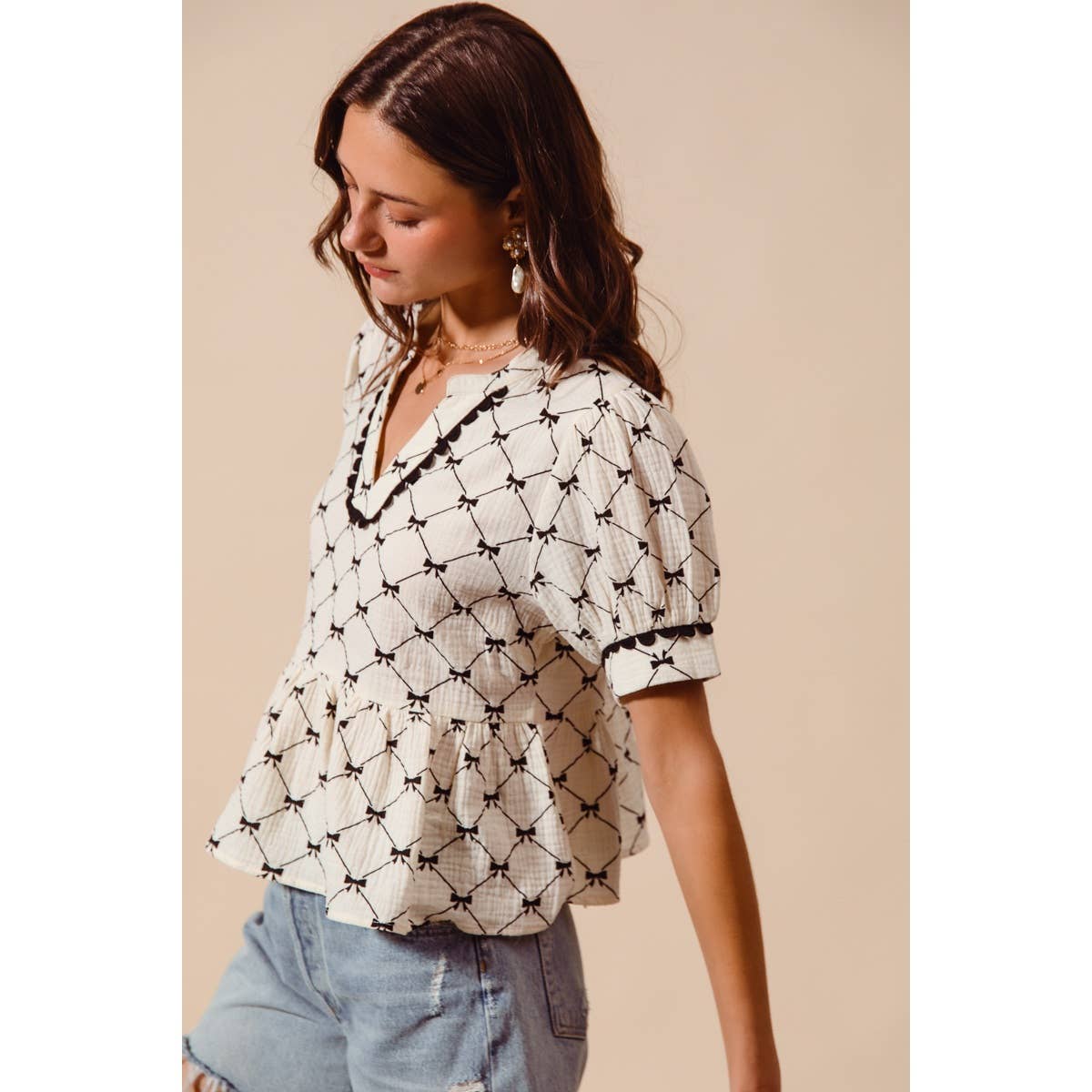 Bow Ribbon Printed Gauze Peplum Top