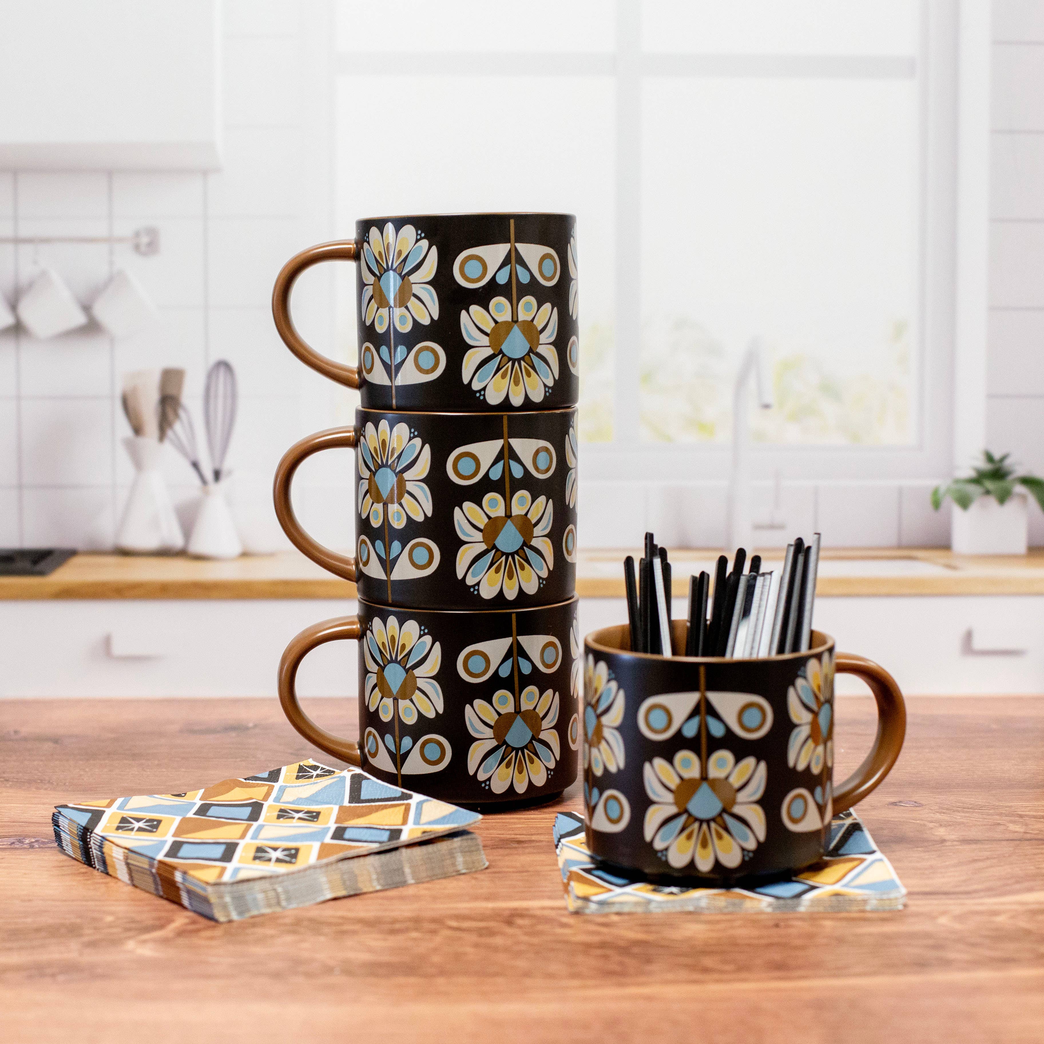 Black and Blue Petals Mid Century Stackable Matte Coffee Mug
