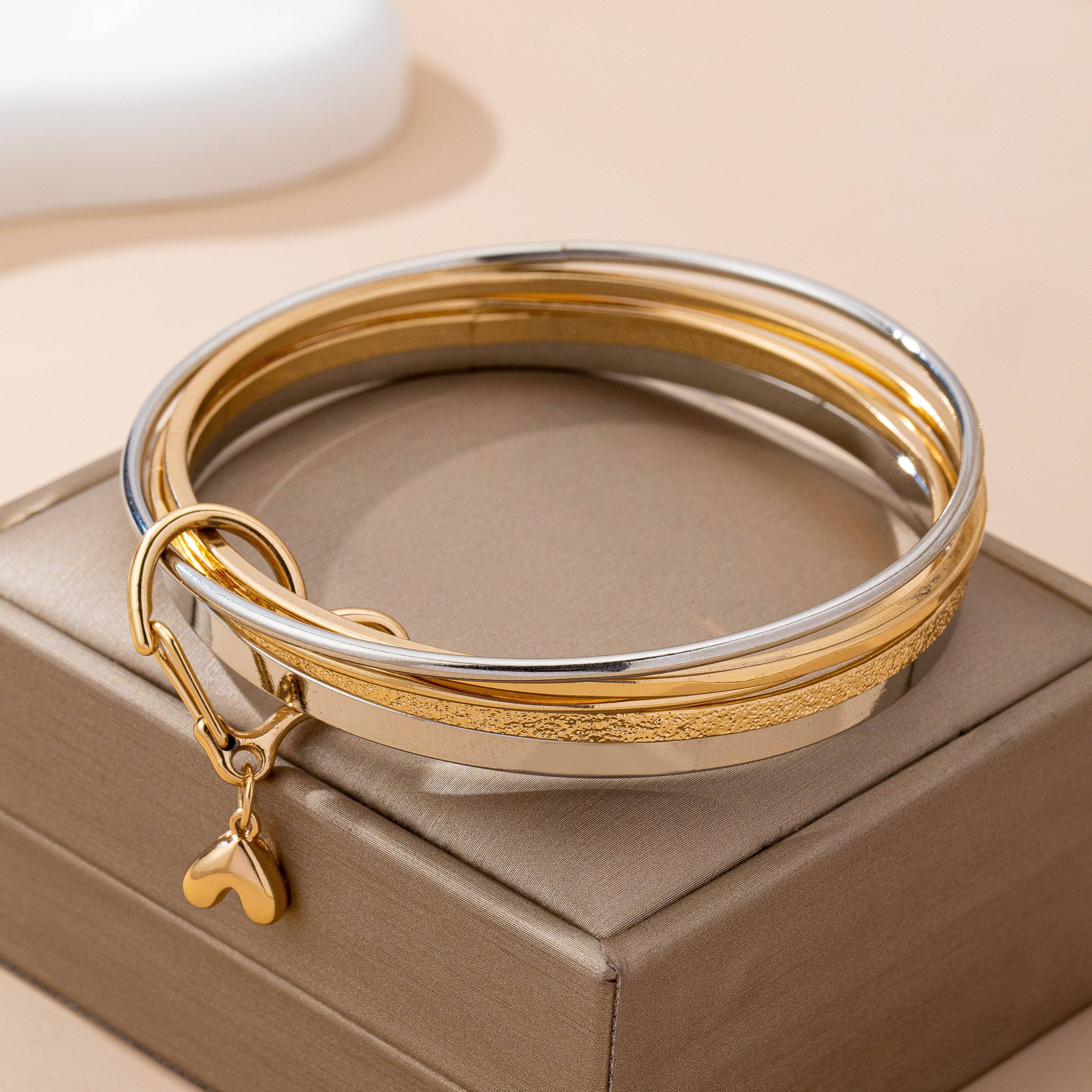 Gold Silver Heart Linked Multi Bangle Bracelet Set
