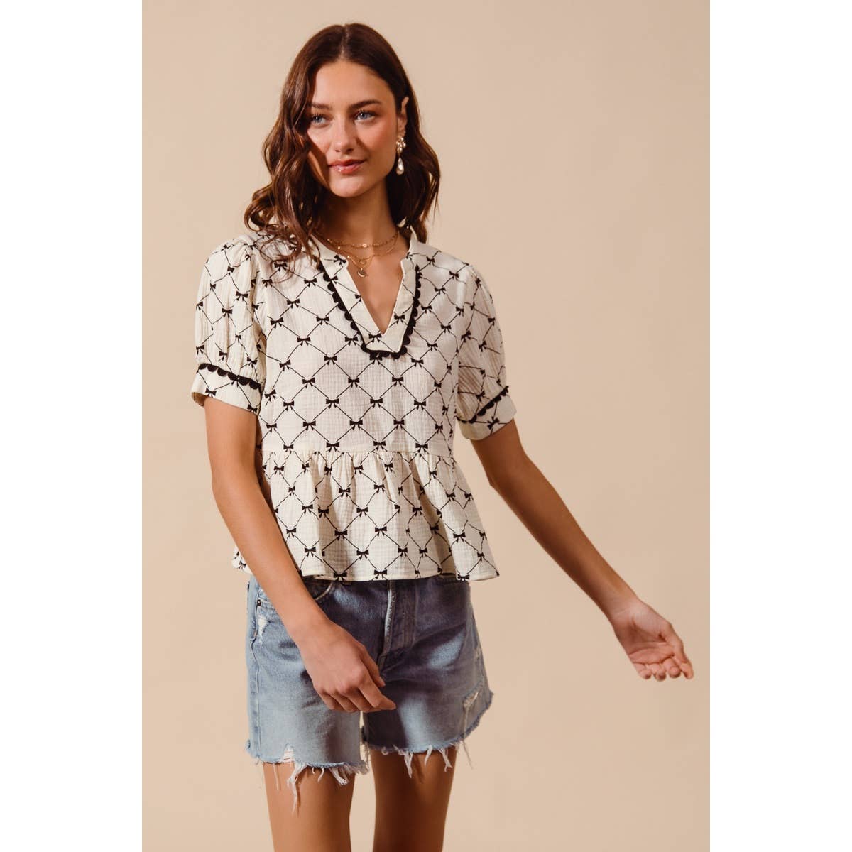 Bow Ribbon Printed Gauze Peplum Top
